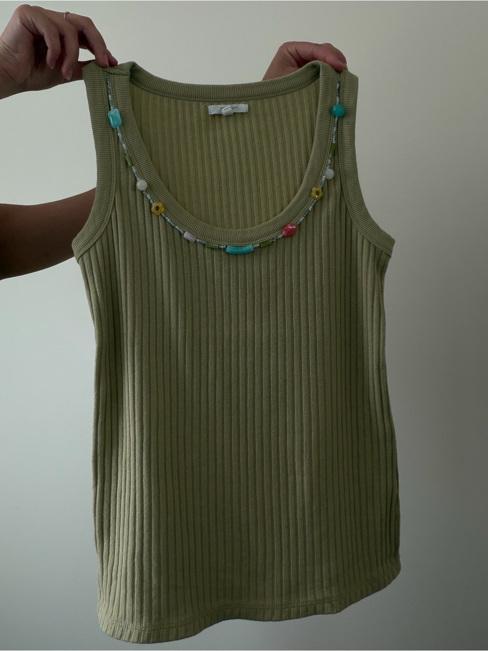 Hand-Beaded Ribbed Tank Top - Olive Green